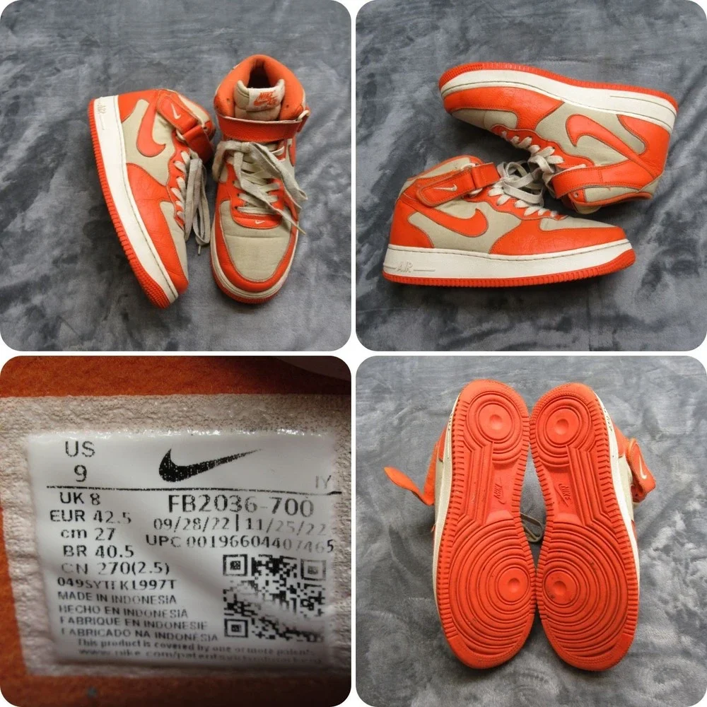 Nike Sneakers Mens US 9 Safety Orange Leather Air Force 1 07' Mid‎ High Lace Up